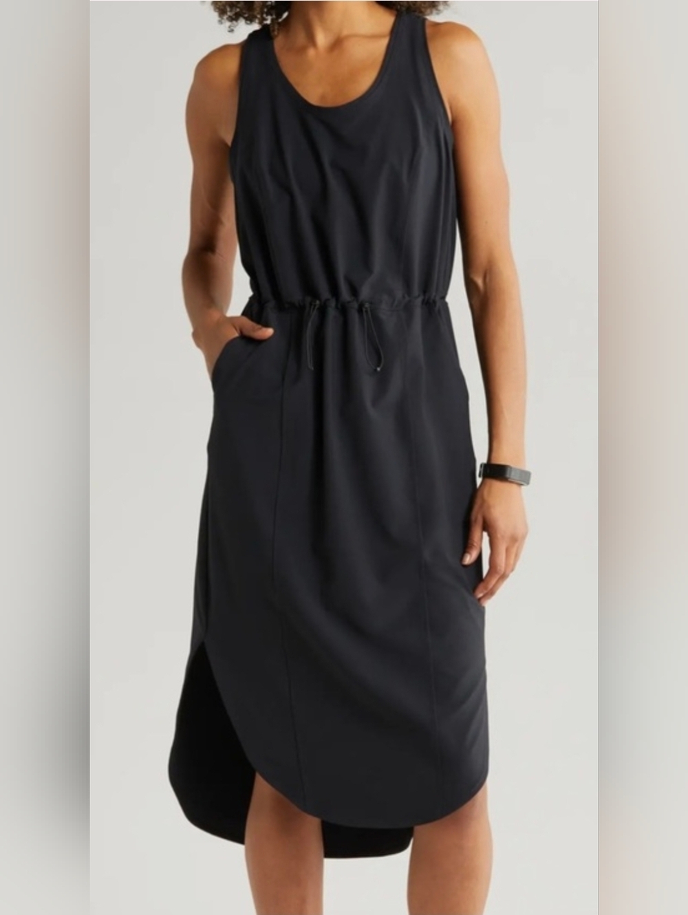 Zella Sleeveless Black Drawstring Waist Midi Dress Moisture wicking Size Large